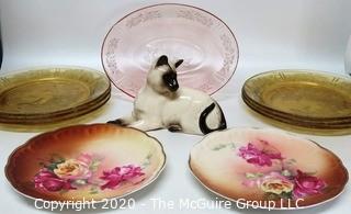 Group of Vintage Hand Painted Porcelain, Depression Era Glass Plates and Bowl and Siamese Cat Figurine by Royal Doulton. 