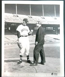 8 x 10" Original Black & White Photo of Cleveland Indians Pitcher Herb Score Returning to Mound for First Time Since Gil McDougald Nearly Blinded him with Batted Ball the Previous Year; Shown with Clifford Evans, Broadcast Journalist for NBC's TODAY Show.  Credit Rebman Photo Service, Cleveland, Ohio.  Baseball Sports Memorabilia