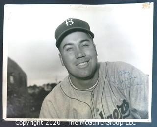 11 x 14" Original Black & White Signed Photo of Duke Snider, Brooklyn Dodgers. {Note: 1" tear above cap} Sports Baseball Memorabilia Autographs. 