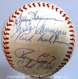 Updated (10/29) Signed 1962 Inaugural First Year New York Mets Team Ball, Spalding. List of 27 signatures provided from collection of Clifford Evans, print and broadcast journalist and sports editor of the TODAY show on NBC (period piece, excellent condition). Shows team name "Mets" in the "second sweet-spot"