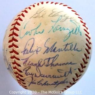 Updated (10/29) Signed 1962 Inaugural First Year New York Mets Team Ball, Spalding. List of 27 signatures provided from collection of Clifford Evans, print and broadcast journalist and sports editor of the TODAY show on NBC (period piece, excellent condition). Shows team name "Mets" in the "second sweet-spot"