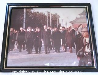 Black & White Framed Photo of President Gerald Ford in China; 1975. Measures approximately 10" x 16". US Presidential Political Memorabilia.