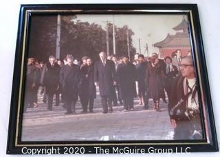 Black & White Framed Photo of President Gerald Ford in China; 1975. Measures approximately 10" x 16". US Presidential Political Memorabilia.