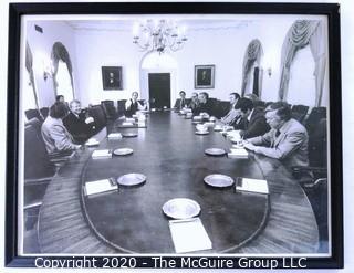 Framed Black & White Photo of White House Cabinet Room: President Jimmy Carter and Press Secretary Jody Powell meeting with members of the WH Press Corp including Clifford Evans and Bill Moyers. Measures approximately 14" x 12".