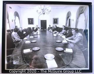 Framed Black & White Photo of White House Cabinet Room: President Jimmy Carter and Press Secretary Jody Powell meeting with members of the WH Press Corp including Clifford Evans and Bill Moyers. Measures approximately 14" x 12".