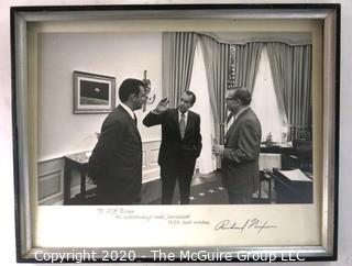 Framed Black & White Photo of Clifford Evans Meeting with President Richard Nixon in the Oval Office, Signed. Third person is Press Secretary Ron Zeigler. Measures approximately 12" x 15".  US Presidential Memorabilia