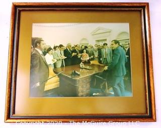 Framed Photo of White House Press Gaggle including Clifford Evans in Oval Office with President Richard Nixon.  Measures approximately 19" x 16".  US Presidential Political Memorabilia