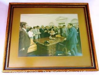 Framed Photo of White House Press Gaggle including Clifford Evans in Oval Office with President Richard Nixon.  Measures approximately 19" x 16".  US Presidential Political Memorabilia