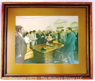 Framed Photo of White House Press Gaggle including Clifford Evans in Oval Office with President Richard Nixon.  Measures approximately 19" x 16".  US Presidential Political Memorabilia