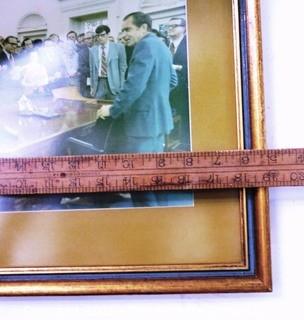 Framed Photo of White House Press Gaggle including Clifford Evans in Oval Office with President Richard Nixon.  Measures approximately 19" x 16".  US Presidential Political Memorabilia