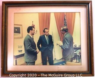 Framed color photo of Clifford Evans Meeting with President Richard Nixon. Third person is Press Secretary Ron Zeigler. Measures approximately 12" x 18".   US Presidential Political Memorabilia