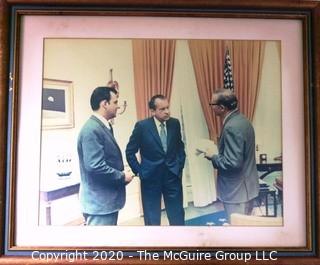 Framed color photo of Clifford Evans Meeting with President Richard Nixon. Third person is Press Secretary Ron Zeigler. Measures approximately 12" x 18".   US Presidential Political Memorabilia