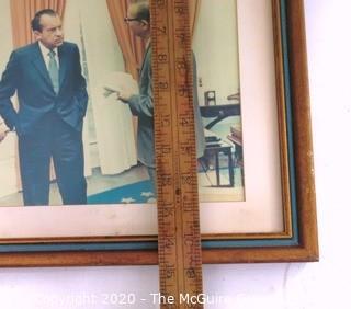 Framed color photo of Clifford Evans Meeting with President Richard Nixon. Third person is Press Secretary Ron Zeigler. Measures approximately 12" x 18".   US Presidential Political Memorabilia