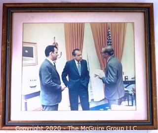 Framed color photo of Clifford Evans Meeting with President Richard Nixon. Third person is Press Secretary Ron Zeigler. Measures approximately 12" x 18".   US Presidential Political Memorabilia