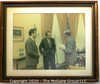 Framed Color Photo of Clifford Evans Meeting President Nixon in the Oval Office. Third person is Press Secretary Ron Zeigler. Measures approximately 18" x 15".  US Presidential Political Memorabilia