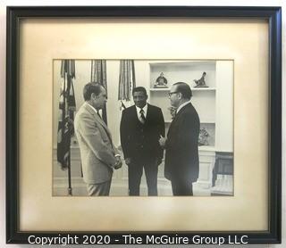 Framed Photo of Clifford Evans Conversing with President Richard Nixon in the Oval Office.  Third person unidentified.  Measures approximately 18" x 16".   US Presidential Political Memorabilia