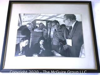 Original Framed Black & White Photo of Henry Kissinger, Clifford Evans, Helen Thomas, Dick Cheney and Ron Zeigler on board aircraft.  Measures approximately 18" x 15".   US Presidential Political Journalism Memorabilia