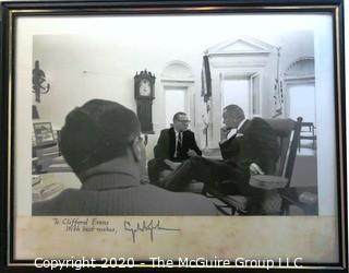 Framed Black & White Signed Photo of Clifford Evans Conversing with LBJ in Oval Office.  Measures approximately 11" x 14".   US Presidential Political Memorabilia