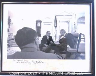 Framed Black & White Signed Photo of Clifford Evans Conversing with LBJ in Oval Office.  Measures approximately 11" x 14".   US Presidential Political Memorabilia