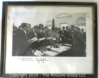 Signed Framed Photo of LBJ in Oval Office Press Scrum.  Measures approximately 15" x 12".   US Presidential Political Memorabilia