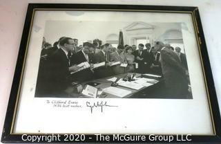 Signed Framed Photo of LBJ in Oval Office Press Scrum.  Measures approximately 15" x 12".   US Presidential Political Memorabilia