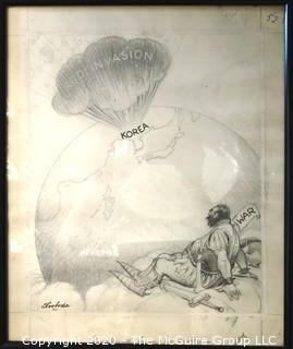 Framed Original Mockup of Later Printed Political Cartoon, Red Invasion-Korean War by Vincent Svoboda for the Brooklyn Eagle Newspaper, 1952 Signed original art by the artist.(from the personal collection of Clifford Evans, journalist)