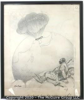 Framed Original Mockup of Later Printed Political Cartoon, Red Invasion-Korean War by Vincent Svoboda for the Brooklyn Eagle Newspaper, 1952 Signed original art by the artist.(from the personal collection of Clifford Evans, journalist)