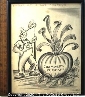 Framed Original Mockup of Later Printed Political Cartoon - Wittiker Chambers - Pumpkin Papers by Anne B Mergen for Cox News Chain, 1948. Measures approximately 12" x 15". Signed original art by the artist.(from the personal collection of Clifford Evans, journalist)