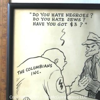 Framed Original Mockup of Later Printed Political Cartoon, "White Power - The Columbians Inc." by Stan MacGovern for the NY Post, 1946.  Measures approximately 12" x 15". Signed original art by the artist.(from the personal collection of Clifford Evans, journalist)