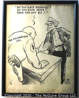 Framed Original Mockup of Later Printed Political Cartoon, "White Power - The Columbians Inc." by Stan MacGovern for the NY Post, 1946.  Measures approximately 12" x 15". Signed original art by the artist.(from the personal collection of Clifford Evans, journalist)