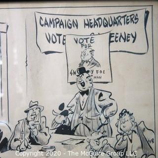 Framed Original Mockup of Later Printed Political Cartoon "Politico-Sweeney for Alderman" possibly by Dick Tornelo? for NEA Services, 1948. Measures approximately 12" x 10". Original art 1942(from the personal collection of Clifford Evans, journalist)