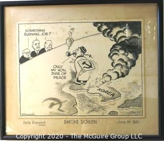 Framed Original Mockup of Later Printed Political Cartoon - Stalin / Korea by George Butterworth, for Daily Dispatch, 1950. Measures approximately 17" x 14". Original art 1950(from the personal collection of Clifford Evans, journalist)