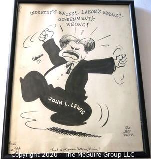 Framed Original Mockup of Later Printed Political Cartoon, "John Lewis" by Stan MacGovern for the NY Post, 1945. Measures approximately 12" x 15". Signed original art by the artist.(from the personal collection of Clifford Evans, journalist)