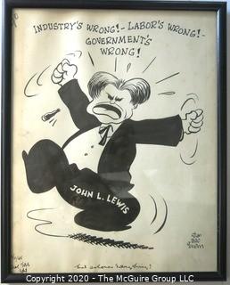 Framed Original Mockup of Later Printed Political Cartoon, "John Lewis" by Stan MacGovern for the NY Post, 1945. Measures approximately 12" x 15". Signed original art by the artist.(from the personal collection of Clifford Evans, journalist)