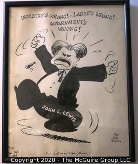 Framed Original Mockup of Later Printed Political Cartoon, "John Lewis" by Stan MacGovern for the NY Post, 1945. Measures approximately 12" x 15". Signed original art by the artist.(from the personal collection of Clifford Evans, journalist)