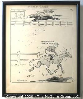 Framed Original Mockup of Later Printed Political Cartoon, "Unfairly Matched - Joseph McCarthy" by Paul Carmack for the Christian Science Monitor, 1950. Measures approximately 12" x 15". Signed original art by the artist.(from the personal collection of Clifford Evans, journalist)