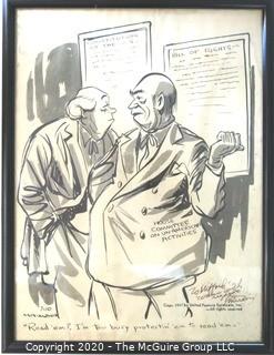 Framed Political Cartoon "Bill of Rights" / HUAC by Bill Mauldin for United Features Syndicate, 1947. Measures approximately 12" x 15". Signed original art by the artist and dedicated to Clifford Evans. (from the personal collection of Clifford Evans, journalist).  DESCRIPTION UPDATED 10/29/20 AT 3:57 PM