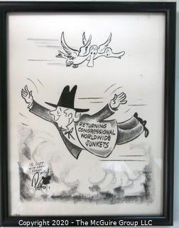 Framed Original Mockup of Later Printed Political Cartoon - Congressional Junkets by John Pierotti for The New York Post, 1947.   Measures approximately 11" x 9". Signed original art by the artist and dedicated to Clifford Evans. (from the personal collection of Clifford Evans, journalist)