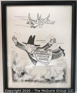 Framed Original Mockup of Later Printed Political Cartoon - Congressional Junkets by John Pierotti for The New York Post, 1947.   Measures approximately 11" x 9". Signed original art by the artist and dedicated to Clifford Evans. (from the personal collection of Clifford Evans, journalist)