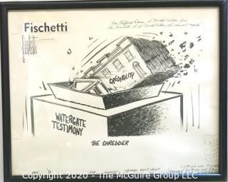 Framed Original Mockup of Later Printed Political Cartoon - Watergate by Pulitzer Prize winner John Fishetti for the Chicago Daily News, 1973. Signed by artist and dedicated to Clifford Evans. (from the personal collection of Clifford Evans, journalist)