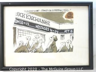 Framed Original Mockup of Later Printed Political Cartoon - Iran Hostages Stock Exchange by Pulitzer Prize winner Mike (Grimm) Peters, 1980. Measures approximately 12" x 9". Signed original art by the artist and dedicated to Clifford Evans. (from the personal collection of Clifford Evans, journalist)