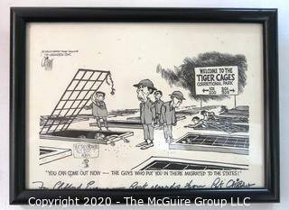 Framed Political Cartoon - Viet Nam POW's by Pat Oliphant for Washington Star. Measures approximately 9" x 7". Signed original art by the artist and dedicated to Clifford Evans. (from the personal collection of Clifford Evans, journalist)

DESCRIPTION UPDATED 10/29/20 AT 3:39 PM