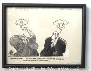 Framed Original Mockup of Later Printed Political Cartoon - Atomic Power / Anwar Sadat by Mike (Grimm)Peters for Dayton News. Measures approximately 12" x 9". Signed original art by the artist.