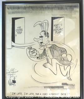 Framed Political Cartoon - Nixon Goes to China by John Pierotti, for New York Post 1972. Measures approximately 12" x 9". (from the personal collection of Clifford Evans, journalist).  DESCRIPTION UPDATED 10/29/20 AT 3:53 PM