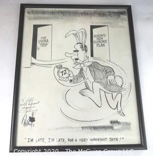 Framed Political Cartoon - Nixon Goes to China by John Pierotti, for New York Post 1972. Measures approximately 12" x 9". (from the personal collection of Clifford Evans, journalist).  DESCRIPTION UPDATED 10/29/20 AT 3:53 PM