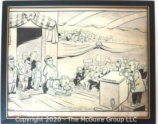 Framed Original Mockup of Later Printed Political Cartoon - Truman / Dewey Democratic Convention by Walt (Pogo) Kelly, 1948. Measures approximately 12" x 15". (from the personal collection of Clifford Evans, journalist)