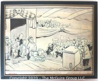 Framed Original Mockup of Later Printed Political Cartoon - Truman / Dewey Democratic Convention by Walt (Pogo) Kelly, 1948. Measures approximately 12" x 15". (from the personal collection of Clifford Evans, journalist)