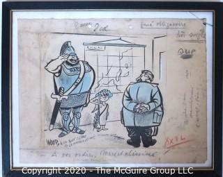 Framed Original Color Mockup of Later Printed Political Cartoon - A Vos Orders, Paris by Art Wood, 1950. Measures approximately 12" x 15". (from the personal collection of Clifford Evans, journalist)