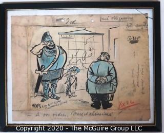 Framed Original Color Mockup of Later Printed Political Cartoon - A Vos Orders, Paris by Art Wood, 1950. Measures approximately 12" x 15". (from the personal collection of Clifford Evans, journalist)