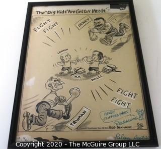 Framed Original Mock-up of Later Printed Political Cartoon - The Big Kids Are Getting In To It / Dewey - Truman by Pulitzer Prize winner Reg Manning, for McNaught Syndicate 1948. Measures approximately 12" x 16". (from the personal collection of Clifford Evans, journalist)